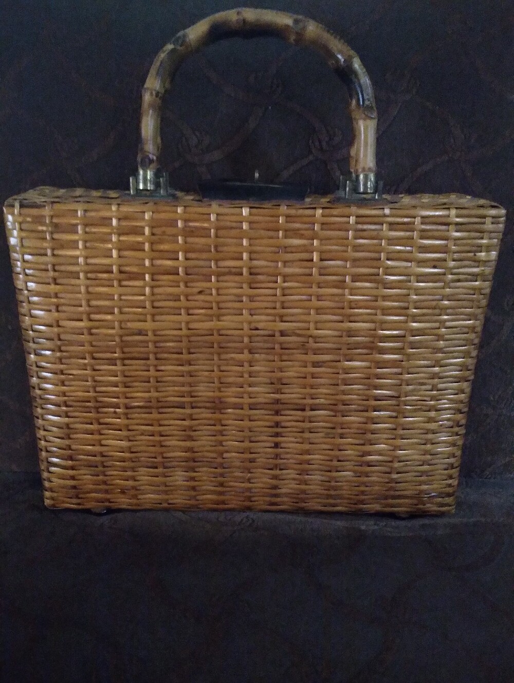 Vintage Woven Rattan Handbag with Bamboo Handles - Tan